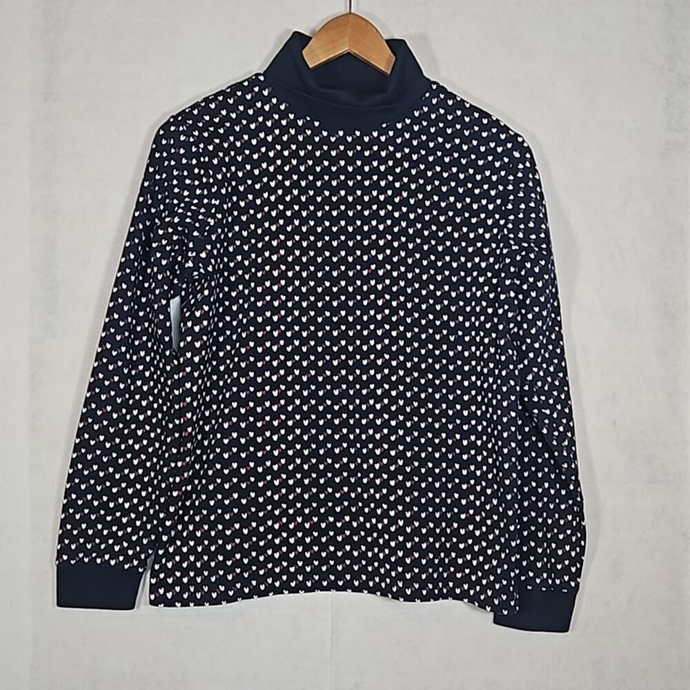 L.L. Bean Women's Large L Navy Blue White Heart Print Interlock Turtleneck Top
